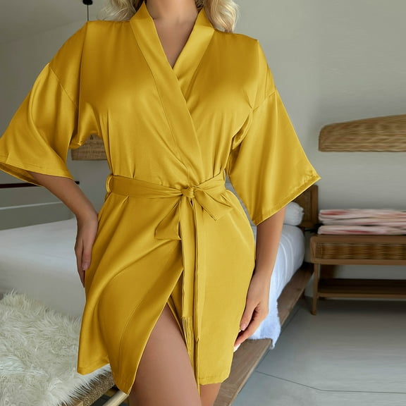 Sailboat Women's Short Robe Silky Satin Pure Color Bathrobe Bridesmaid Bride Party Kimono V-Neck Sleepwear with Pockets Yellow L