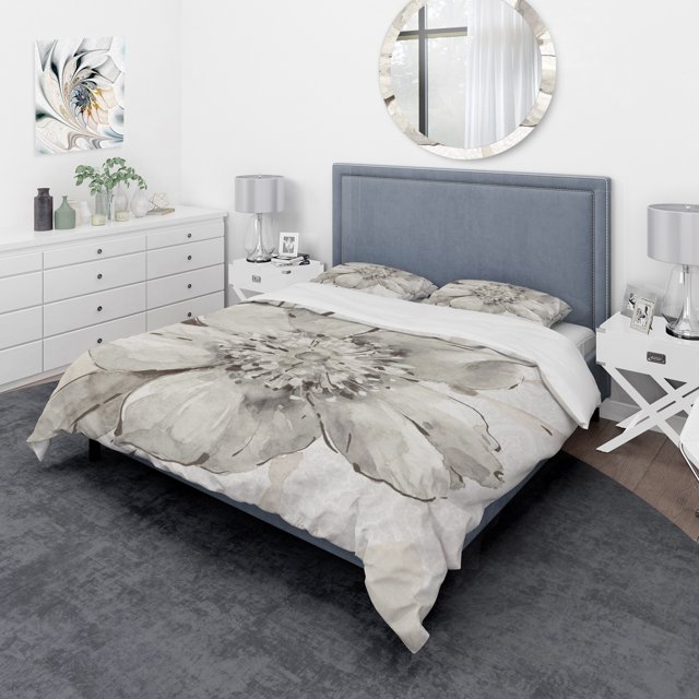 Designart 'Indigold Grey Peonies III' Cottage Bedding Set - Duvet Cover & Shams
