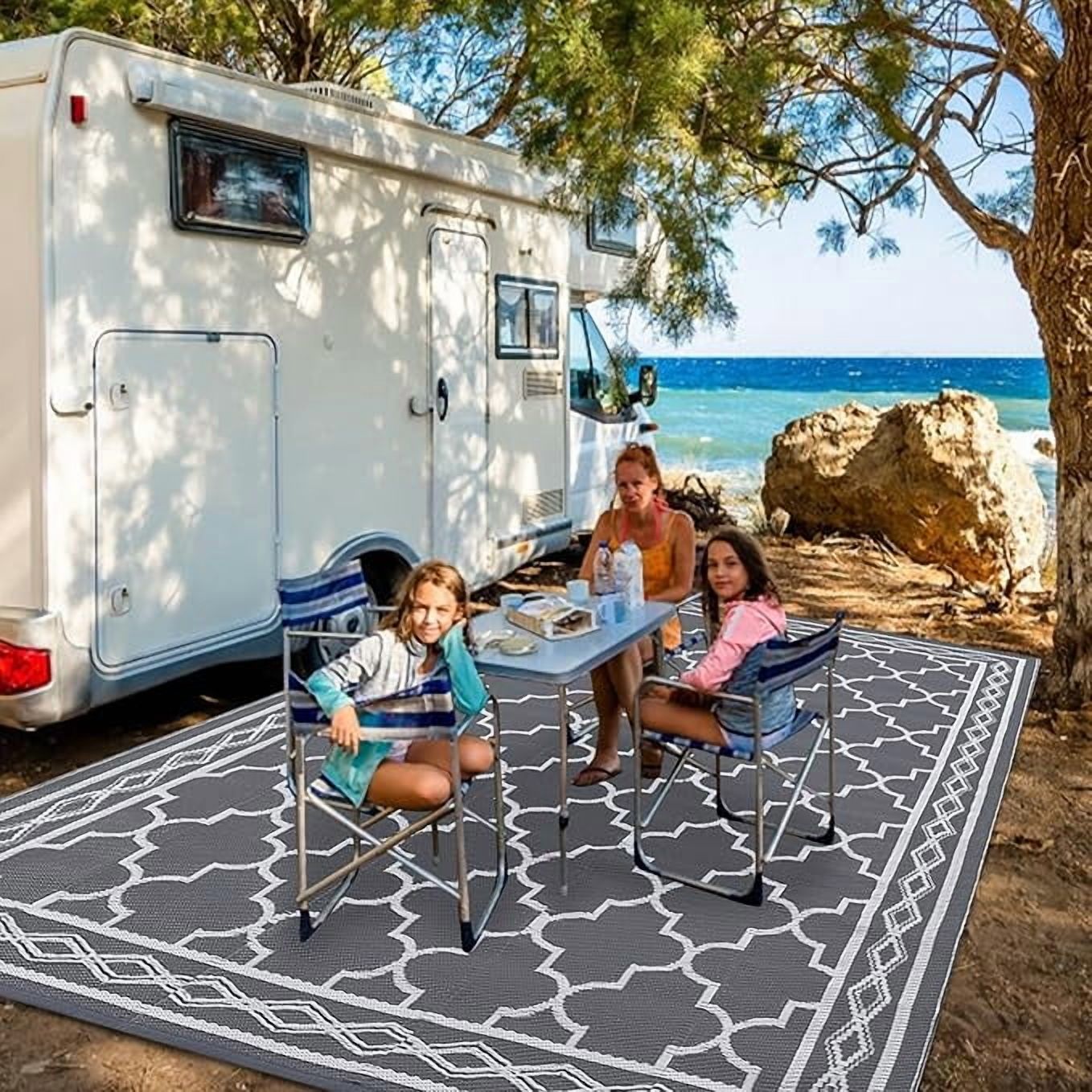 Outdoor Rug 10x14 Reversible Mats, Plastic Straw Rug, Large Floor Mat and Rug for Outdoors, Modern Area Rug, Patio, Backyard, Deck, Picnic, Beach, Trailer, Camping, Grey/White(Geometric)