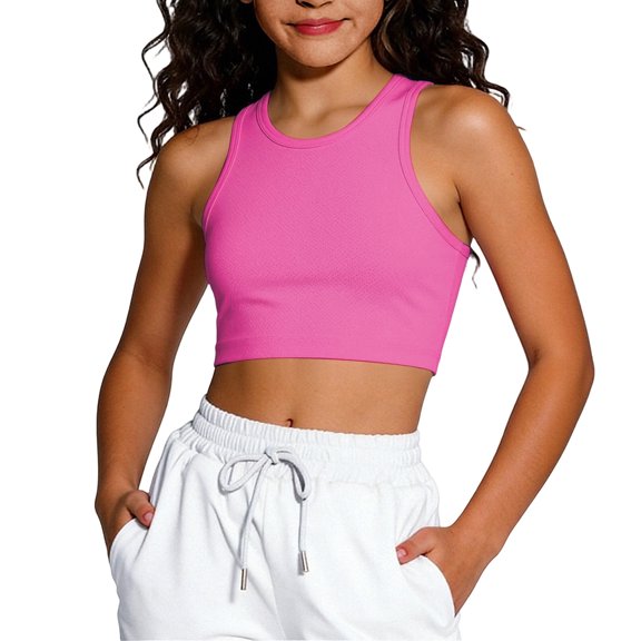 CAIVO Girls Shirts Athletic Tank Tops Breathable Workout Sleeveless Shirt For Play And Sports Comfortable Stretch Fit Youth Tee O-Neck Kids , Hot Pink