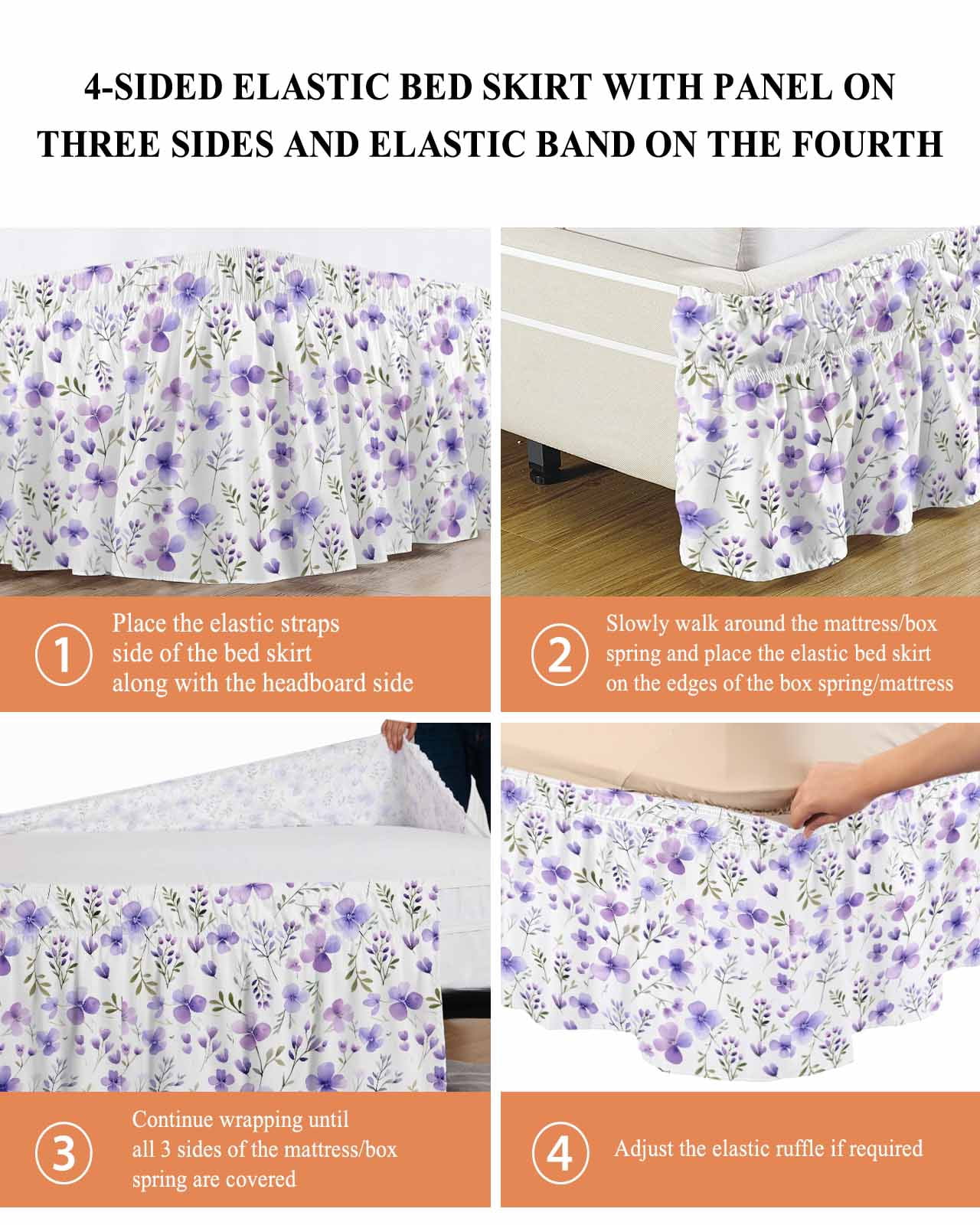 Purple Spring Floral Wrap Around Bed Skirts for Queen Bed 18" Drop,Bed Skirt with Adjustable Elastic Belt Dust Ruffle Bed Valance for Bedroom Hotel Pastoral Botanical Watercolor Bed Frame Cover