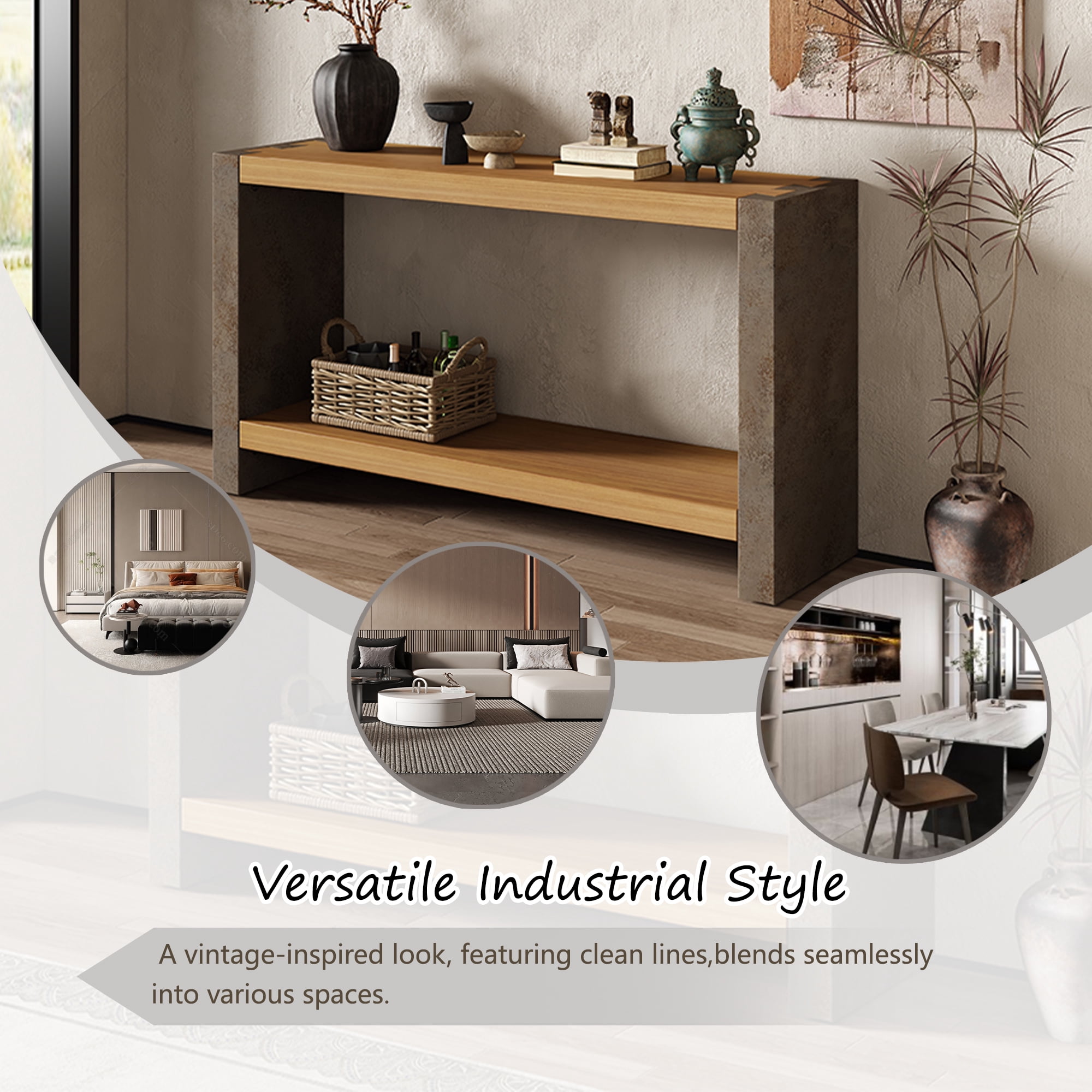 EUROCO 59" Vintage Industrial Console Table,2-Tier Narrow Long Sofa Table Entryway Table with Open Storage Shelf & Dovetail Joinery for Living Room,Brown
