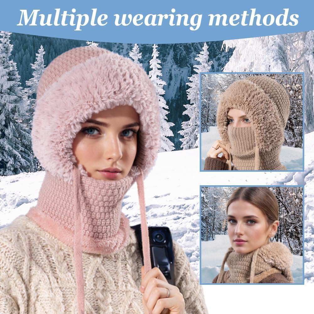 3 in 1 Beanie Hat with Scarf and Mask,3 in 1 Beanie Hat for Women, Knitted Ski Scarf and Mask Set Balaclava Women Face Cover
