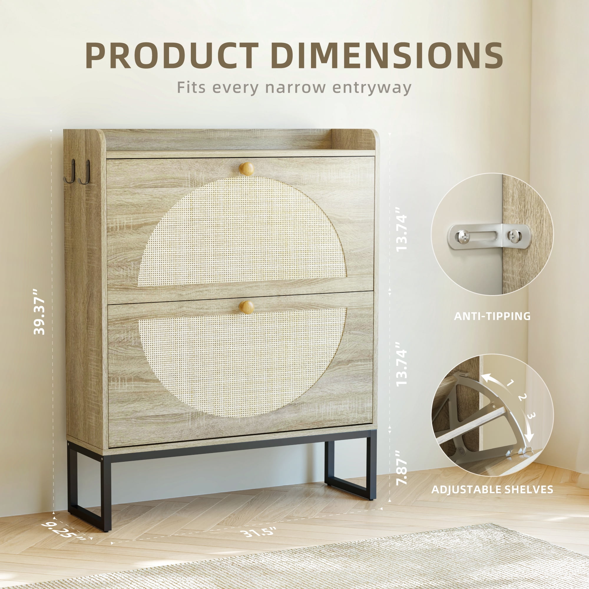 Furnibear Shoe Cabinet with Rattan Doors for Entryway Shoe Storage, Natural Wood