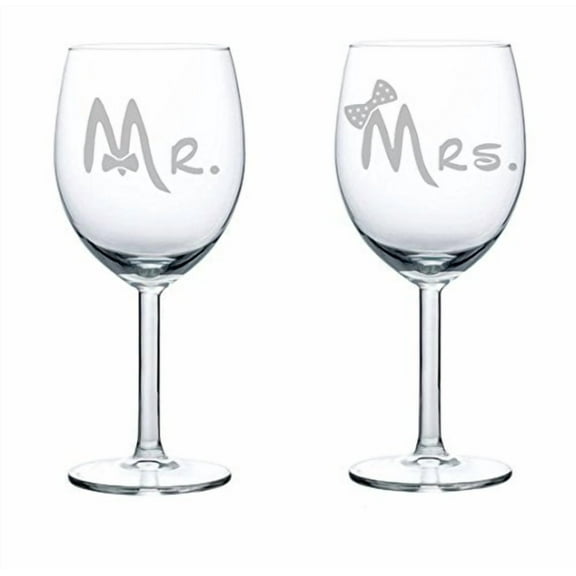 Set of 2 Wine Glasses Wedding Married Couple Mr. Mrs. Bows