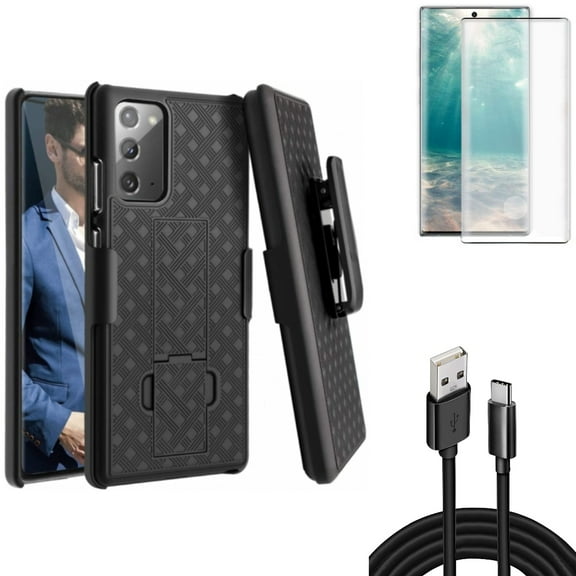 10ft USB Cable & Screen Protector & Case Belt Clip for Samsung Galaxy Note 20 (6.7") - Combo with Type-C Charger Cord & Tempered Glass (Fingerprint Unlock) & Holster Swivel