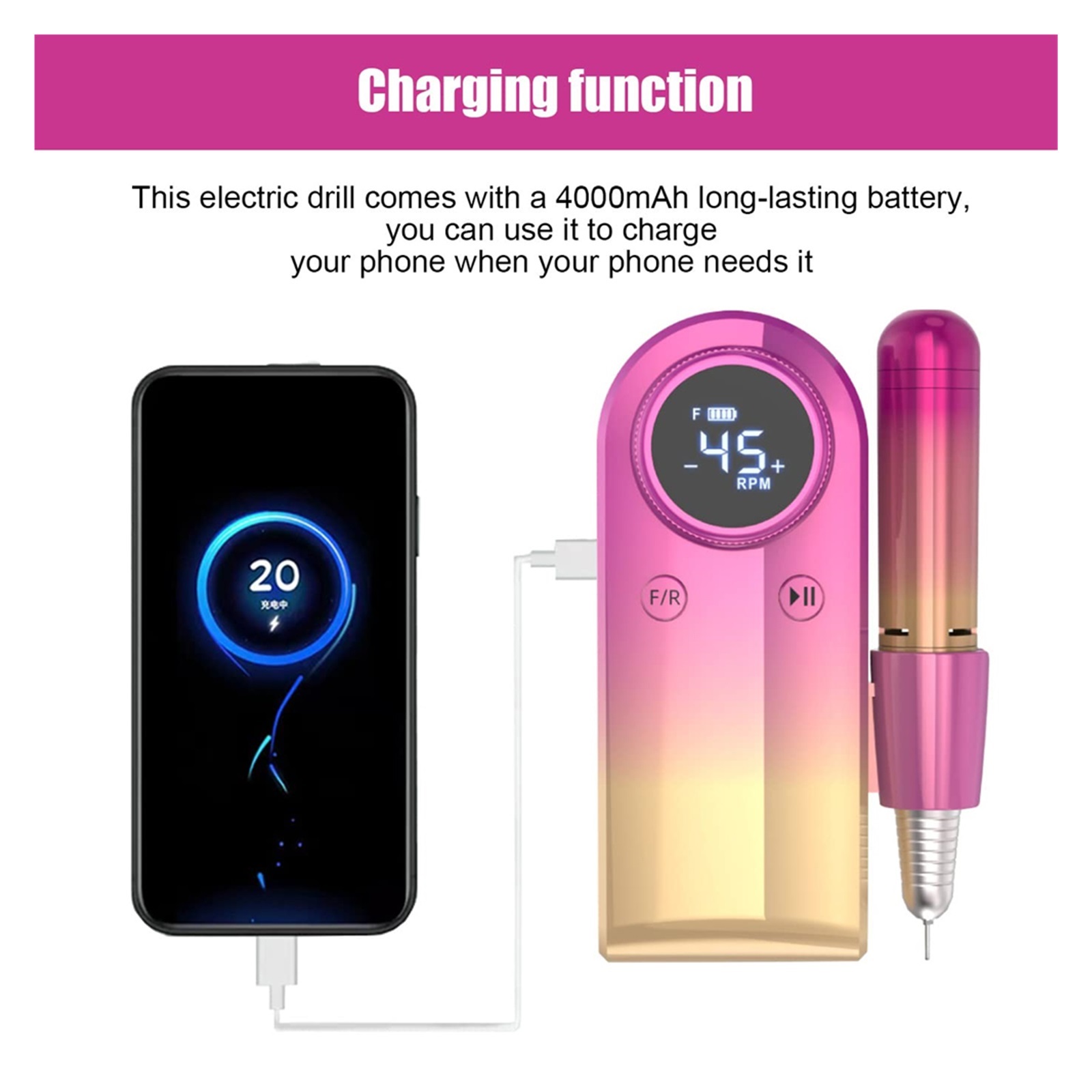 Rechargeable Nail Drill, Electric Nail File, 45000RMP Professional Nail Drill Kit For Acrylic, Nail Gel Manicure Pedicure Polishing