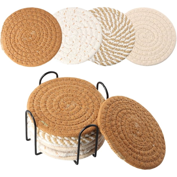 Juego de 8 Portavasos de Cuerda de Algodón Trenzada de Antideslizantes, Portavasos para Mesa Absorbentes, Portavasos de Bebida con Soporte para Proteger la Mesa de Calor y Desgaste (B)