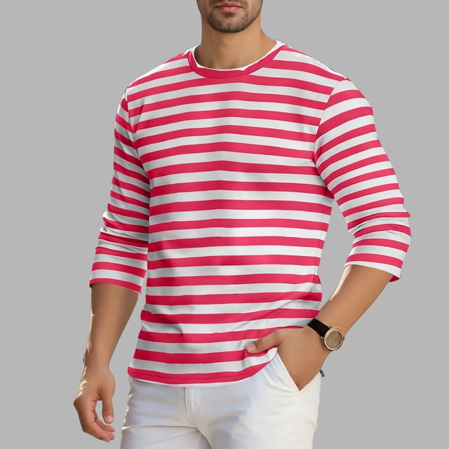 Ceisia Men's Spring Summer Casual Regular Fit Crew Neck Three-Quarter Sleeve T-Shirt Multi-Color Striped Cotton-Like Jersey Stretch Fabric Red M Gifts