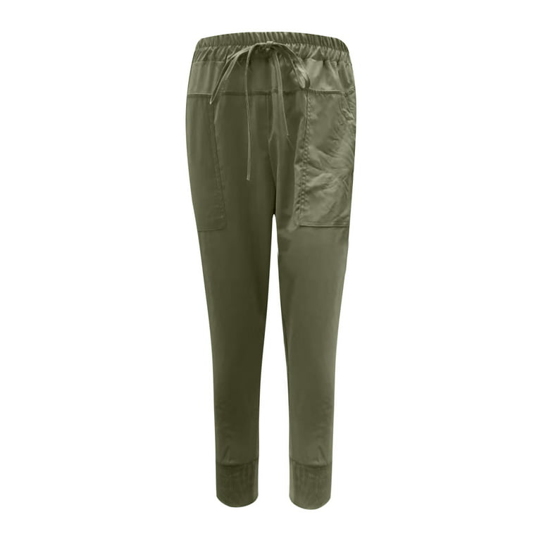 YWDJ Cargo Joggers for Women Women Casual Solid Cotton Linen Drawstring  Elastic Waist Calf Length Pencil Pants Army Green XL