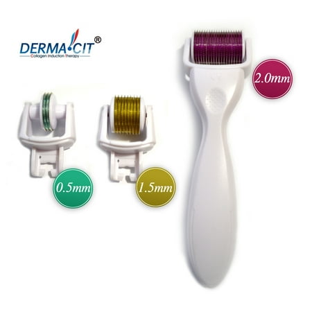 DERMA-CIT 3-In-1 Derma Roller Titanium Micro Needle Skin Care Kit (3 Separate Roller Heads (0.5mm 1.5mm and 2.0mm)