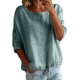 thumbnail image 5 of Helii Women's Cotton Linen Blouse – 3/4 Lantern Sleeve Round Neck Top, Plus Size Loose Fit Tunic with Drawstring Hem, Breathable Summer Shirt for Casual Vacation Green,XXXXL, 5 of 9