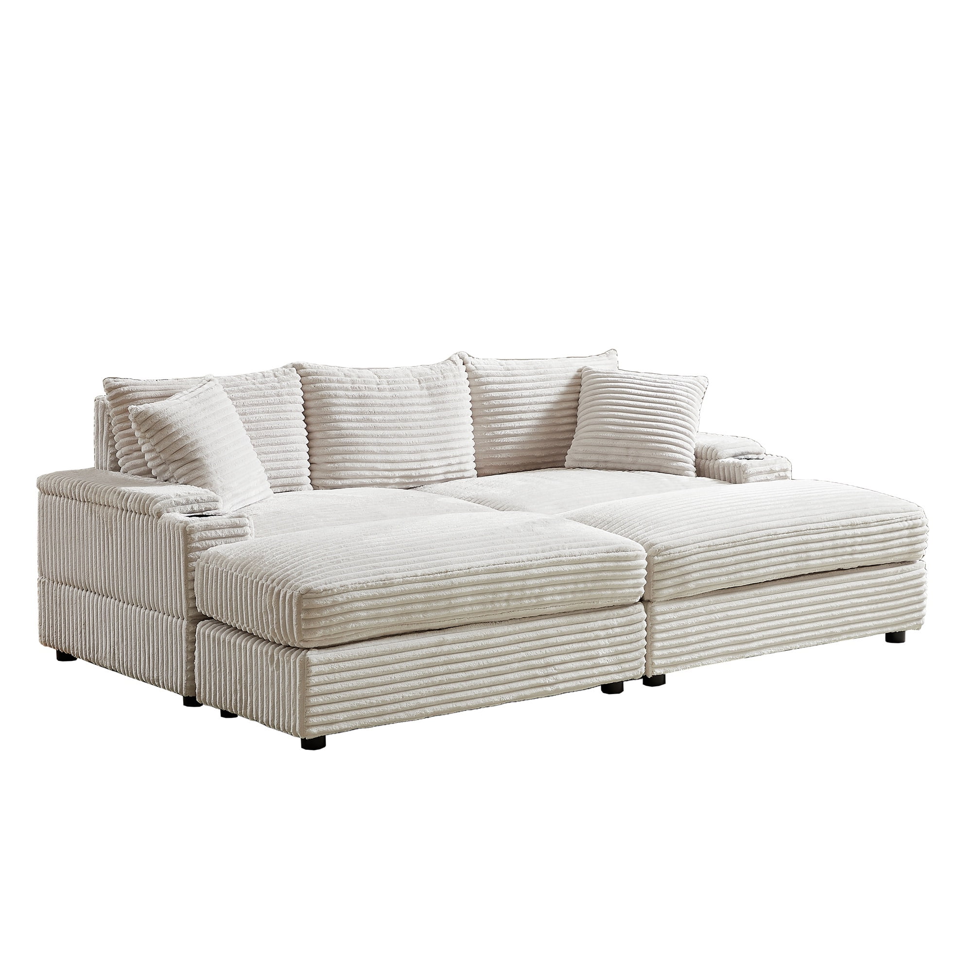 BUIORD 87" Sectional Couch with Ottoman, Oversized Corduroy 3-Seater Sofa with Storage Armrest and Cup Holders, Deep Seat Upholstered Couch for Living Room Bedroom, Beige