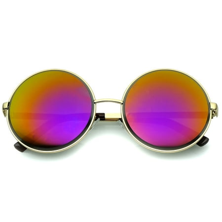Oversize Metal Frame Etched Edge Colored Mirror Lens Round Sunglasses 60mm (Gold / Magenta-Orange Mirror)