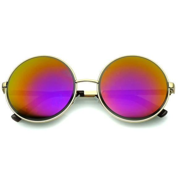 Oversize Metal Frame Etched Edge Colored Mirror Lens Round Sunglasses 60mm (Gold / Magenta-Orange Mirror)
