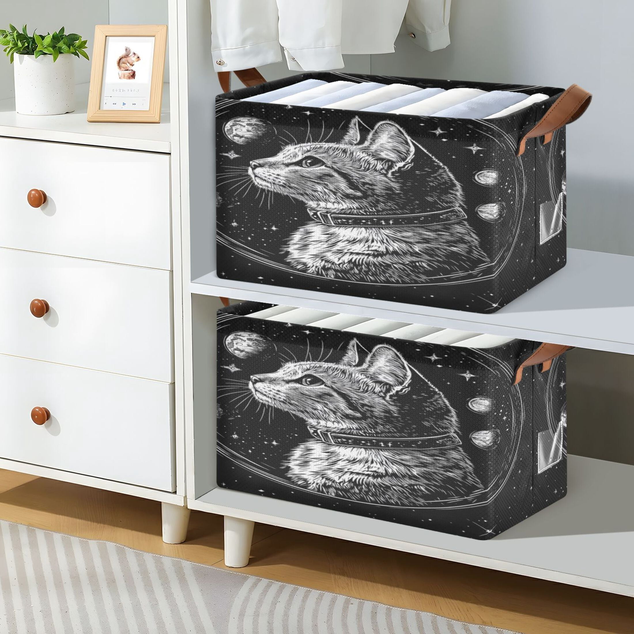 WOBOGO Cat Black Universe Pattern Storage Basket 16.9×11.4×10in Collapsible Oversized with Metal Iron Frame Set of 1