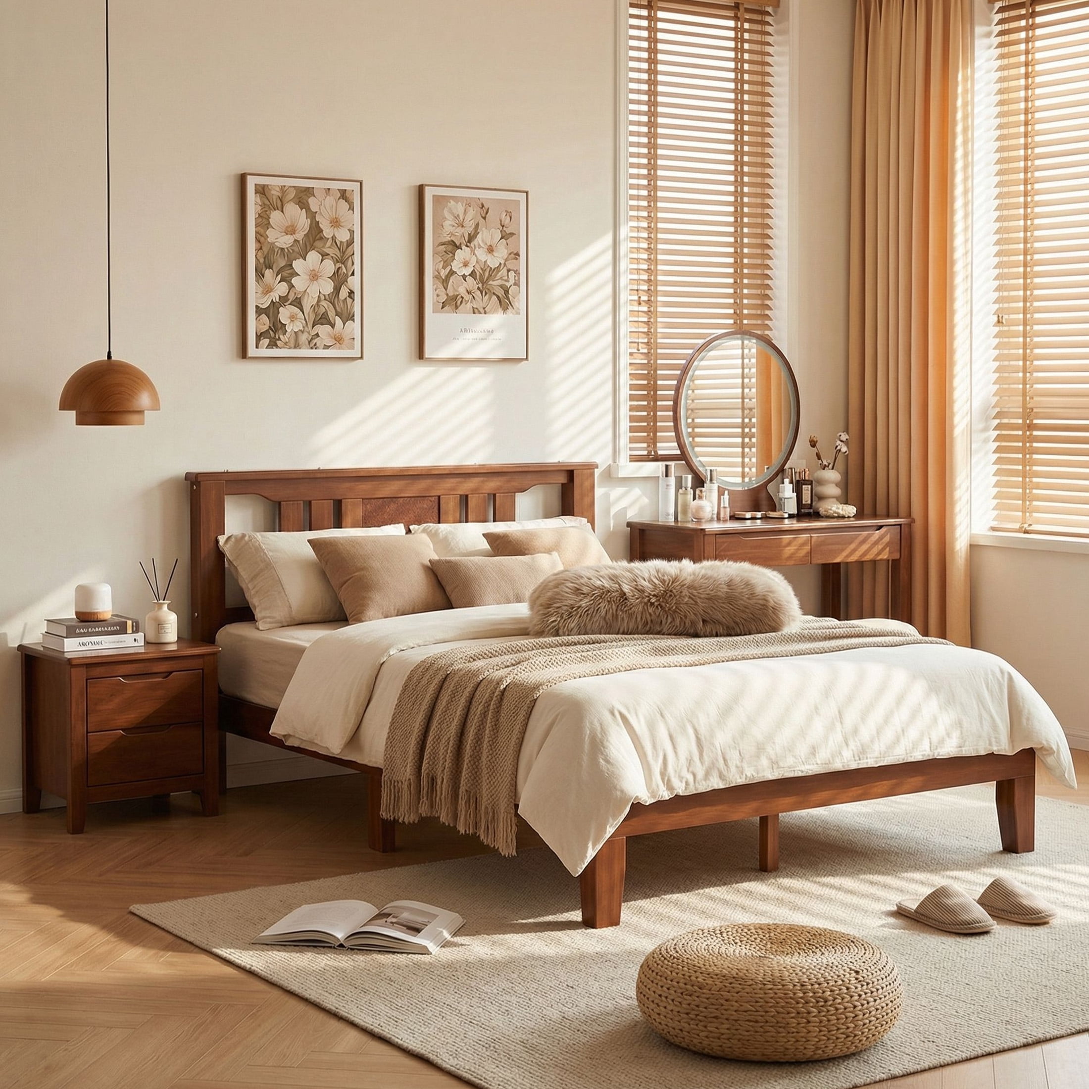 edx Mid Century Solid Wood Platform Bed with Headboard, Full Size Bed Frame with Wood Slat Support, No Box Spring Needed, Walnut Finish