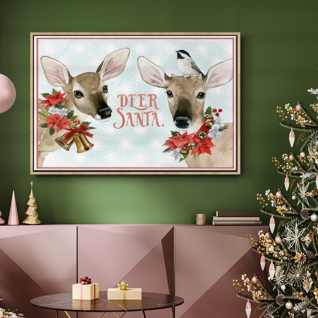 Deer Christmas Collection A - Framed Gallery Wrapped Holiday Canvas - 17 x 25 - Natural Wood Frame