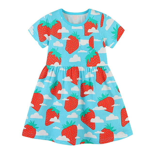 toraway Robes Mignonnes pour Enfants Filles Bleues Manches Courtes Imprimés Robe de Princesse Danse Fête Vêtements 3-4 Ans