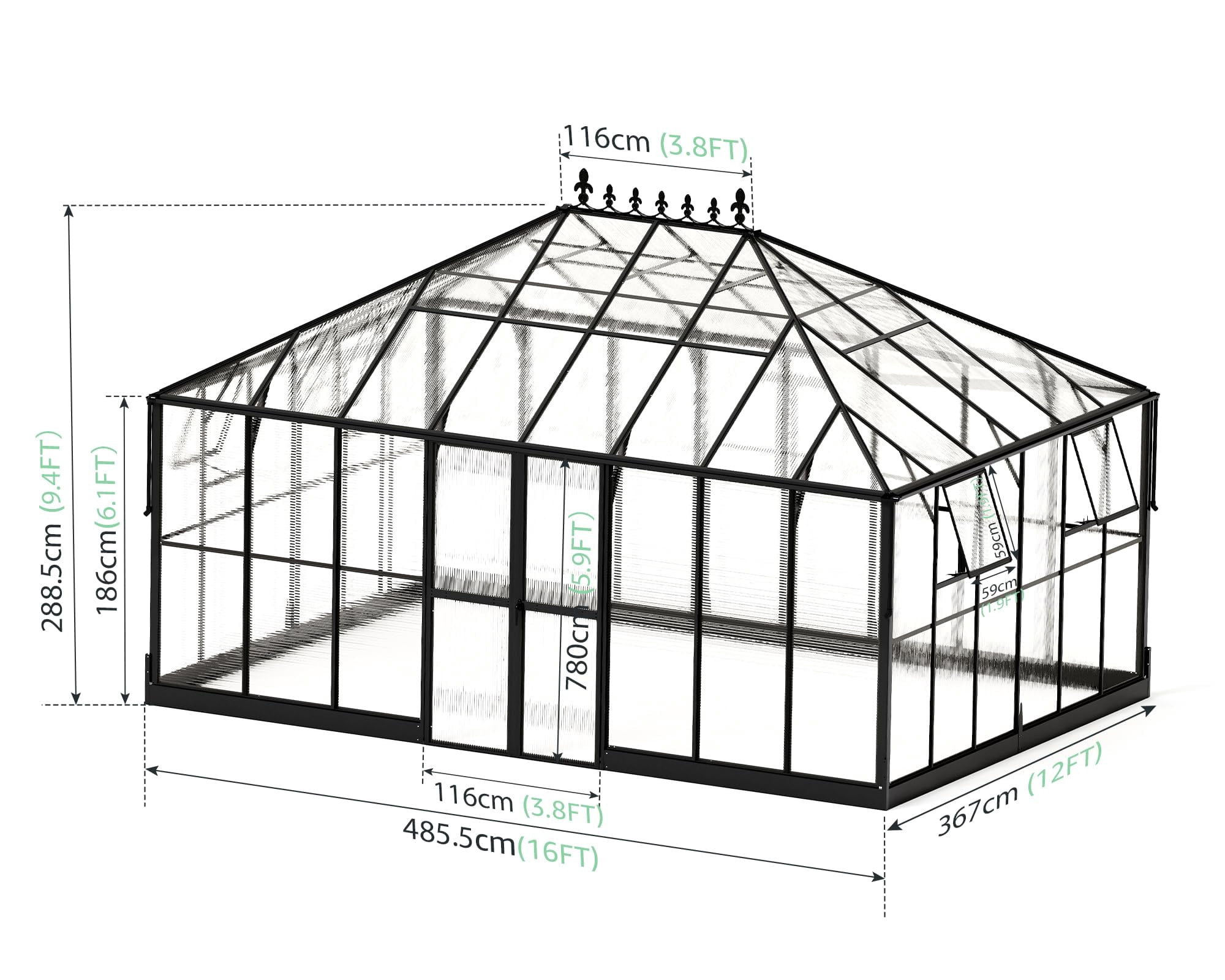 Jocisland 16x12x9.5 ft Polycarbonate Greenhouse- 6 ft Wall Height Outdoor Aluminum Walk-in Greenhouses with 2 Ventilation, for Backyard Garden