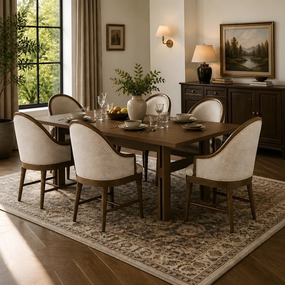 Christopher Knight Home 7-Piece Mid Century Dining Set, Wood Table with Upholstered Chairs, Walnut Beige