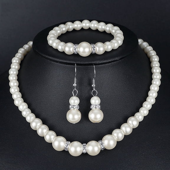 SmartBy 1 Set Faux Pearl Jewelry Women Necklace Bracelet And Drop Earrings Set Elegant White Faux Pearl Jewelry Set for Party Wedding Engagement