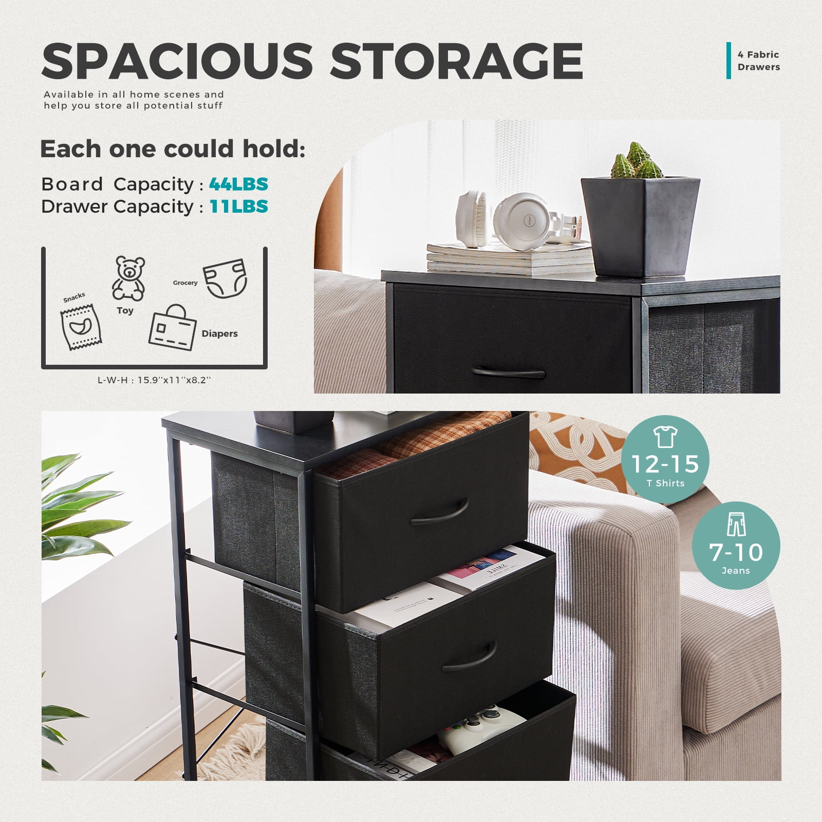 CONCETTA 4 Drawer Dresser for Bedroom, Tall Chest Organizer with Fabric Bins, Steel Frame, Black
