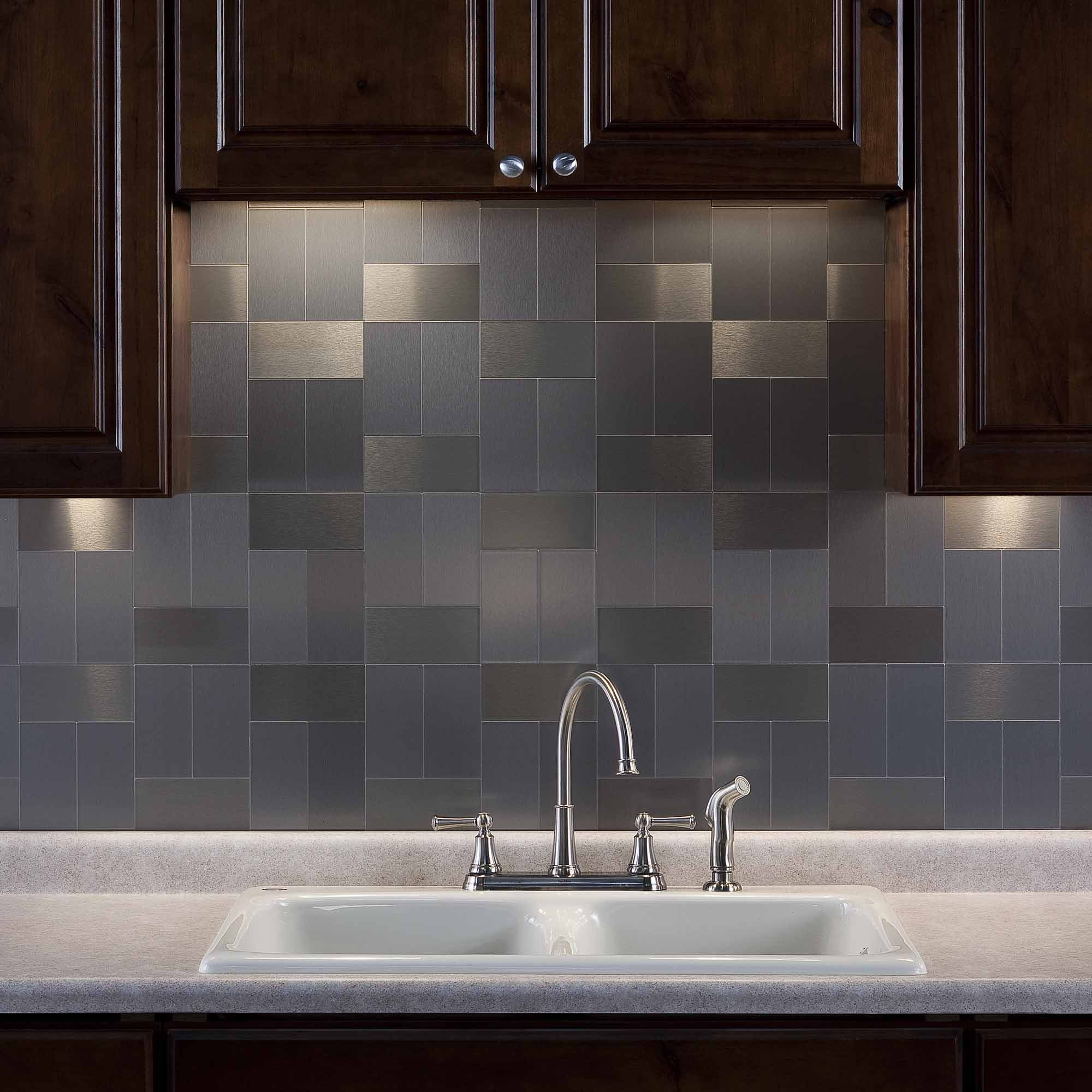 Aspect Peel and Stick Backsplash 3in x 6in Brushed Stainless Long Grain Metal Tile 15 Sq Ft Kit for Kitchen and Bathrooms