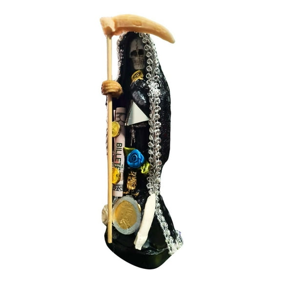Santa Muerte Negra Vestida 24 Cm + Libro Protección Enemigos
