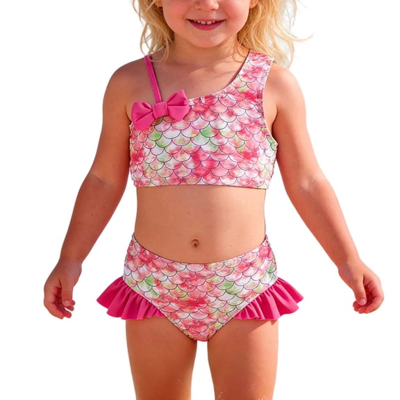 MEZZALL Hawaiian Summer Toddler Girls Cartoon Printed Ruffles Bowknot Two Piece Swimwear Swim Tops With Shorts Swimsuit Bikini Brazilian Beachwear