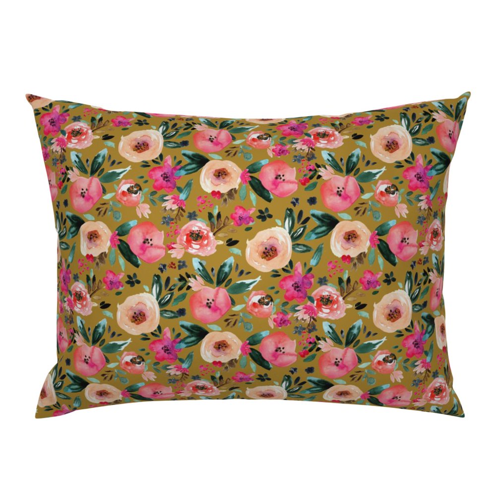 Mustard Floral Pink Green Nursery Coral Peach Evergreen Pillow Sham by