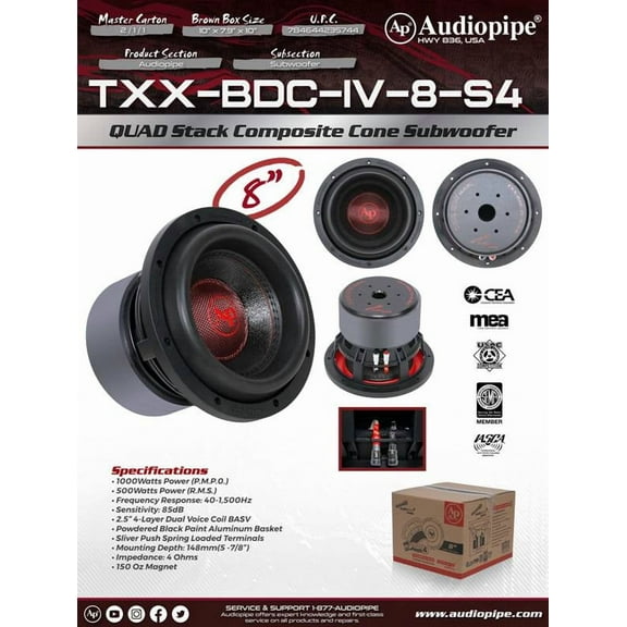 Audiopipe 8" 500 Watt RMS SVC 4-Ohm Composite Cone Subwoofer TXX-BDC-IV-8-S4