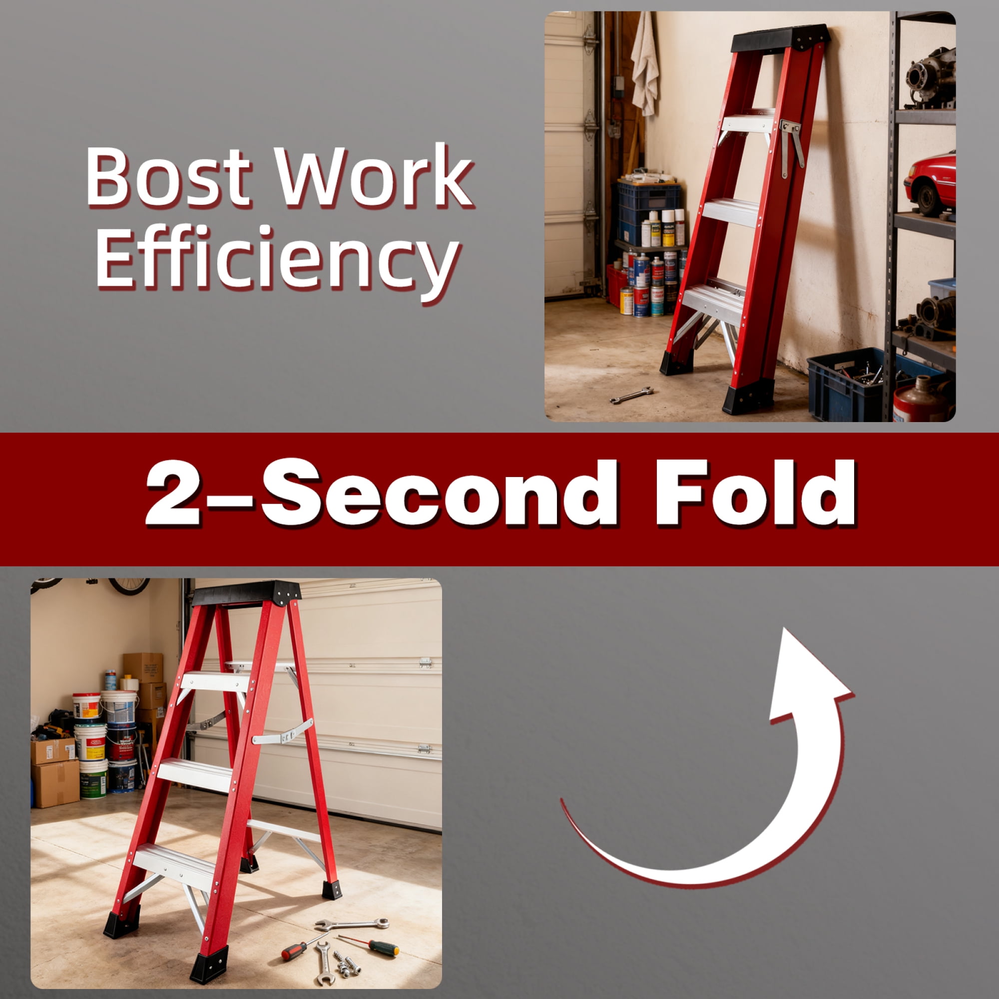 Leumius 3 Steps Fiberglass Ladder with a Load Capacity of 330 Pounds, Equipped with a Tool Tray for Electrical Engineering Ladder Structure Insulation Ladder Red