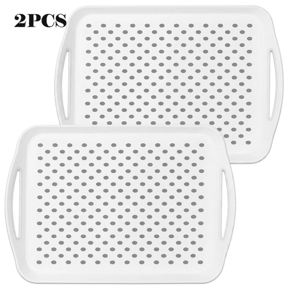 Non-slip Trays, 2-Pack Large Trays with Handles, 16.5-inch x 11.4-inch White Rectangular Plates, Ideal for Beverages, Snacks, and Party Food (White)