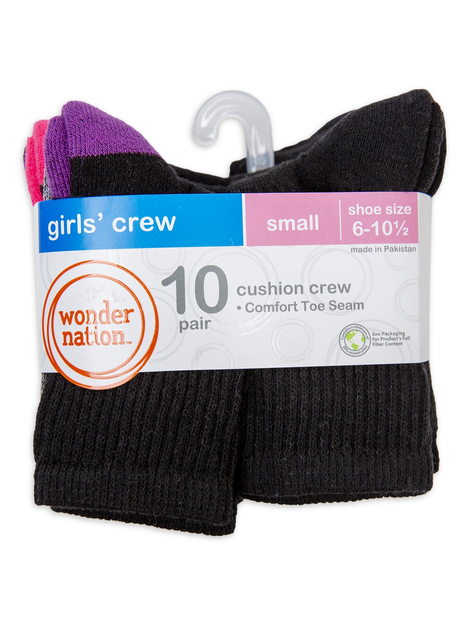 Wonder Nation Girls Crew Socks, 10 Pack