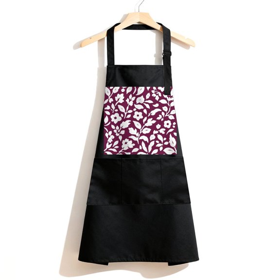 RKSupls Waterproof Bib Apron with 3 Pockets, White Floral Pattern Adjustable Neck Strap Soft Polyester Water Resistant Apron for Kitchen Restaurant Home Use