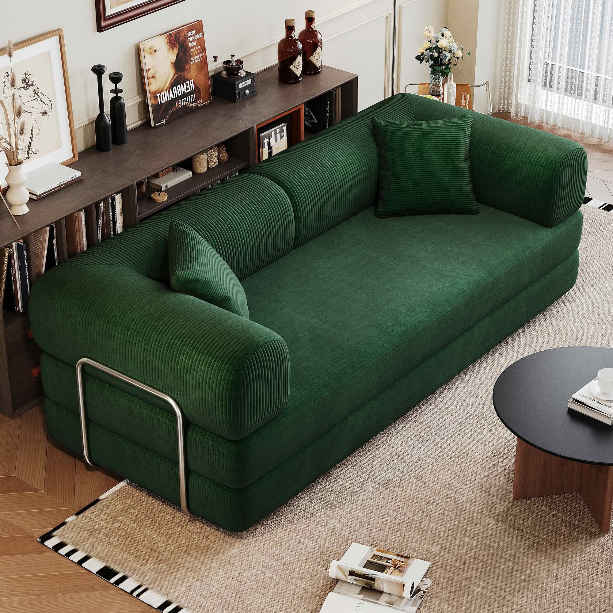 MAYEERTY 78.8" Corduroy Compression Sofa Bed, Convertible Futon Couch with Pillow Back Support,Green