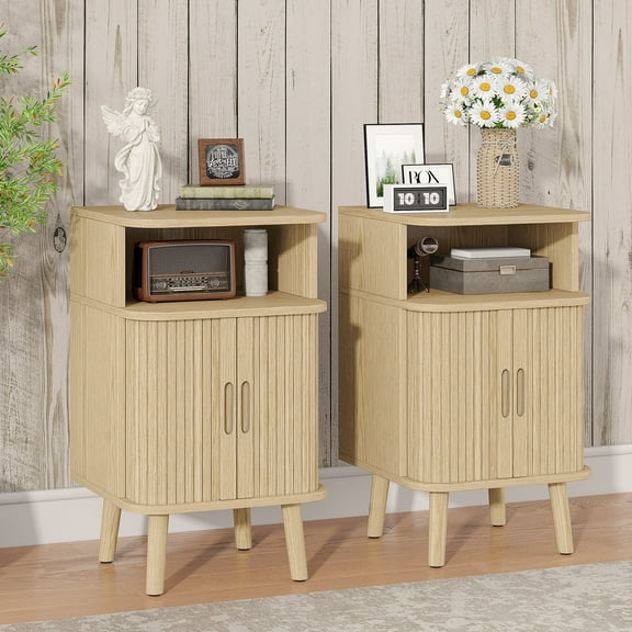 Whalefall Mid-Century Modern End Table Set of 2, Wood Fluted Tall Nightstand, Curved Round Edge Bedside Tables with Sliding Doors, Natural Oak