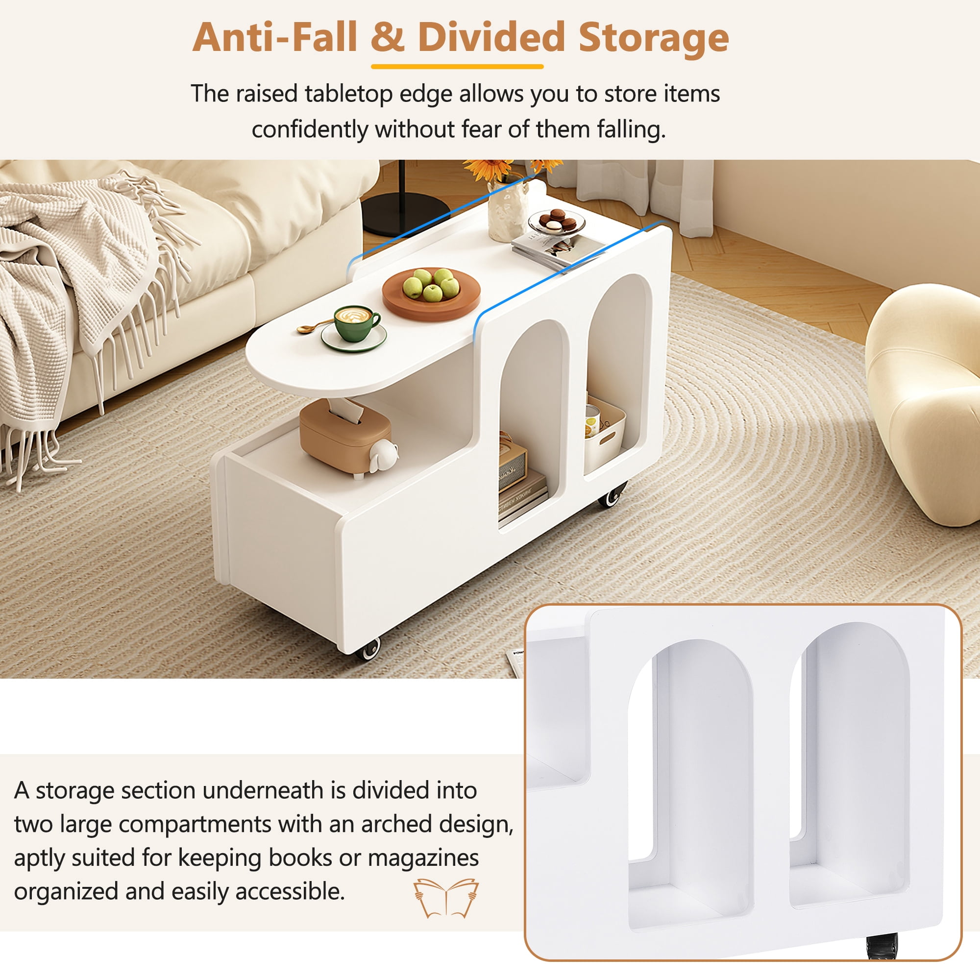 AENKYO Mobile End Table with lockable wheels, Cream Style Side Table with Storage Drawer, 11.8inch Narrow Nightstand with Multi-layer Storage for Living Room,White