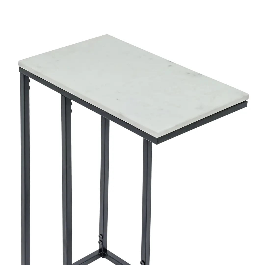 C-Shaped Side End Table with White Marble Top & Black Metal Frame, 16.25×9.5×24.75 Inch Slide Under Sofa Drink Table for Living Room