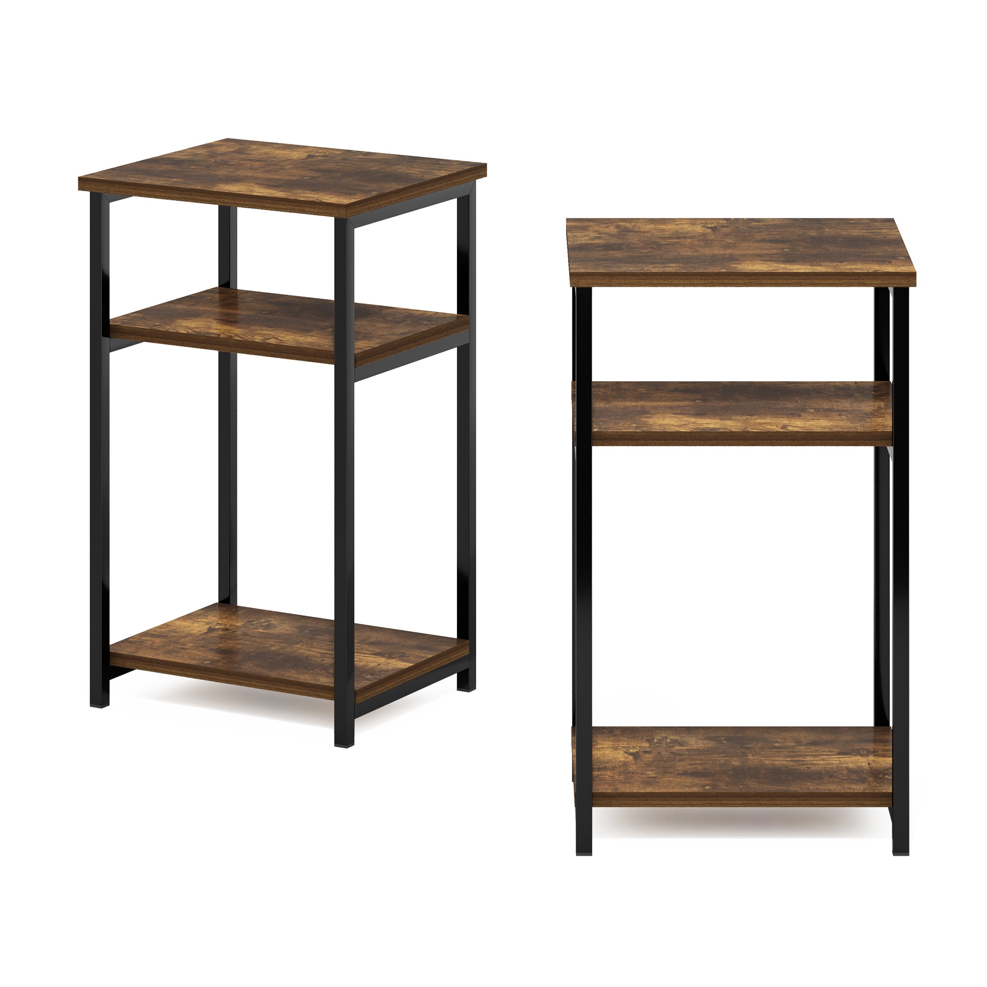 Furinno Just 3-Tier Industrial Metal Frame End Table with Storage Shelves, 2-Pack, Amber Pine