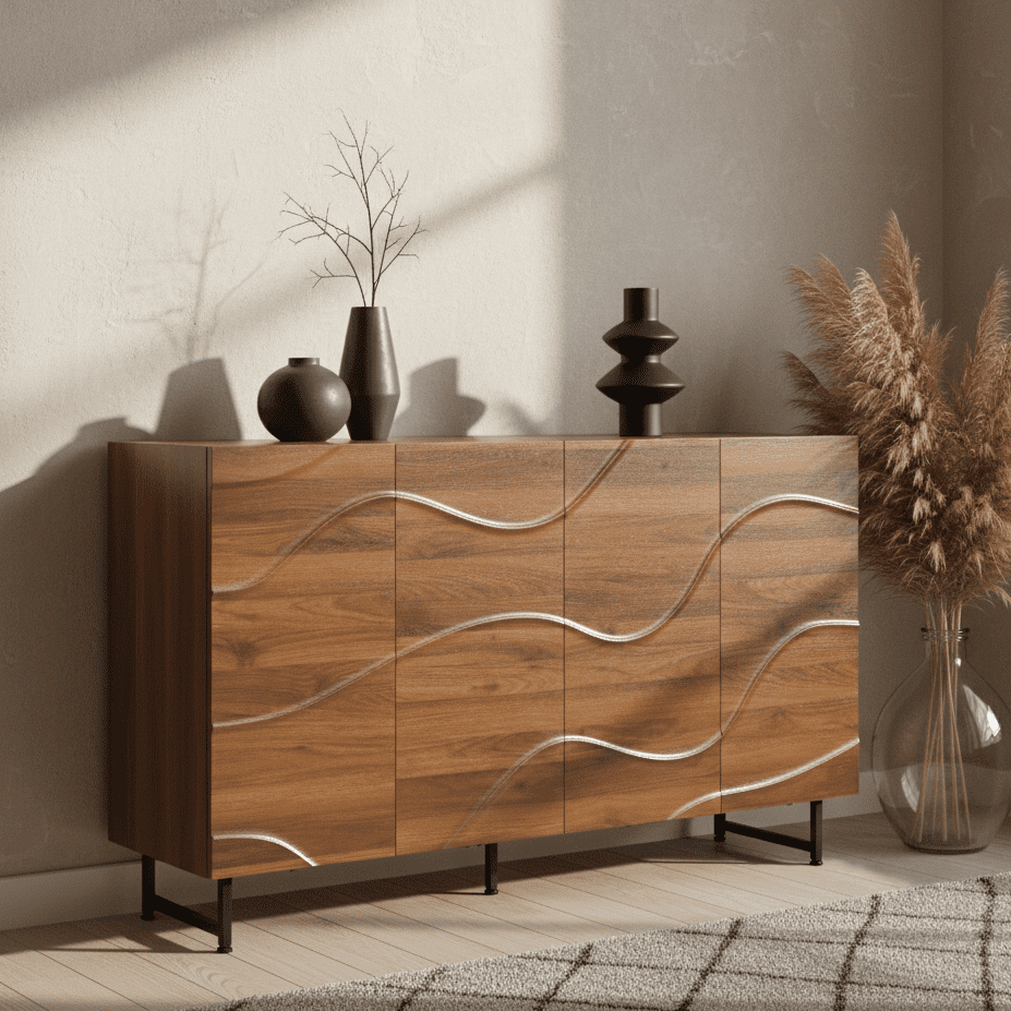 Aukfa 59" Wave Relief Sideboard Cabinet,Modern Storage Buffet Cabinet for Dining Room, Living Room, Entryway,Walnut