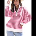 thumbnail image 2 of Suéter de Punto Acanalado de Larga con Media Cremallera A Rayas para Mujer, Tops Casuales, Cómodos y Ligeros, Moda de Otoño Rosa M, 2 of 8