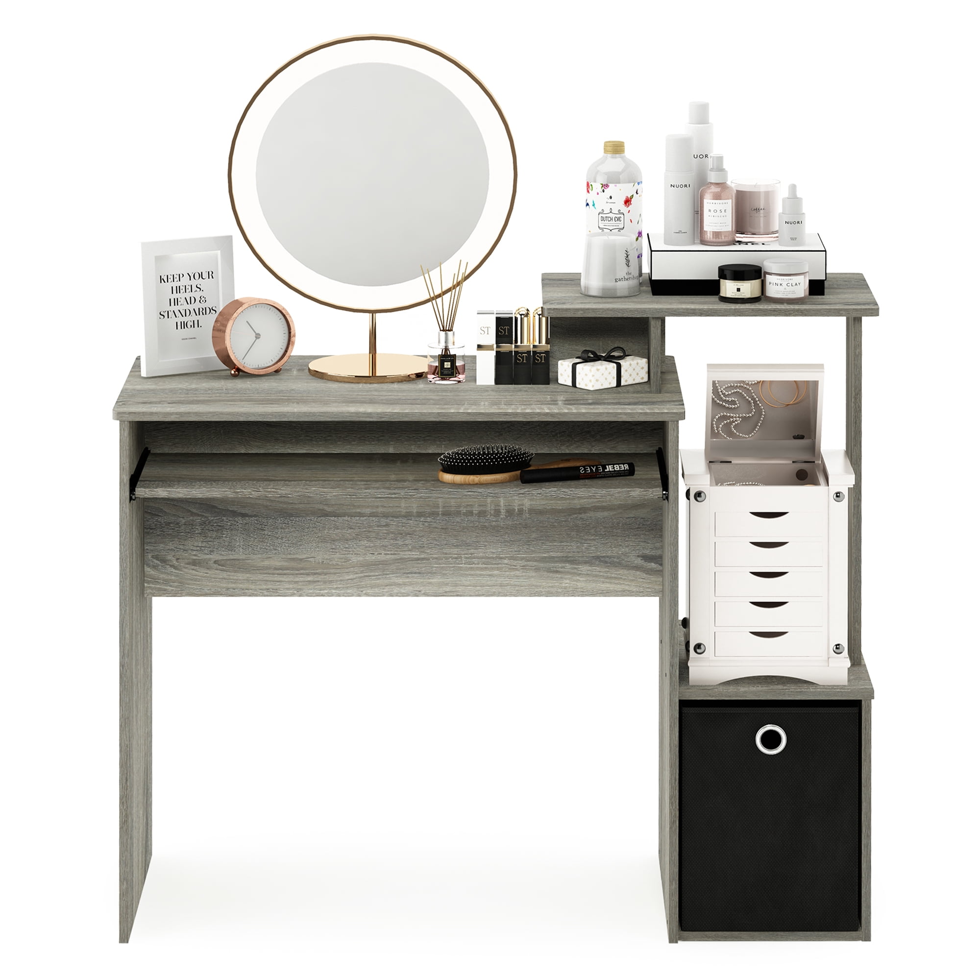 Furinno Econ Multipurpose Home Office Computer Writing Desk with Bin, French Oak Grey, Keyboard Trays, CPU Storage, Drawer