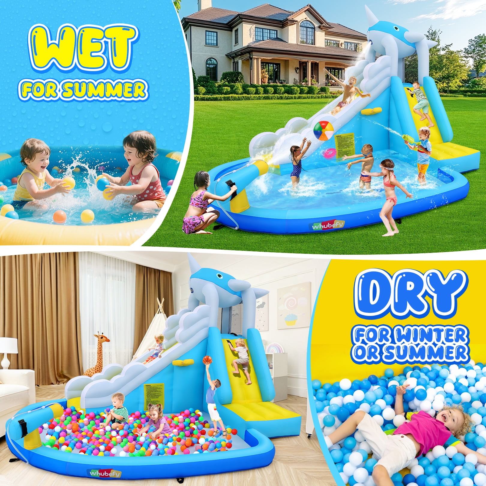 Adnoom Inflatable Water Slide with 480W Blower, Bounce House for Kids Backyard, Bouncy Castle with Large Pool/Basketball Hoop, Inflatable Water Park with Whale Water Slide/Climbing Wall/Water Cannon
