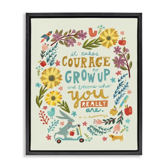 Stupell Industries Eclectic Takes Courage Inspiring Florals Black Floating Frame Canvas Art, 17 x 21, by Irene Chan