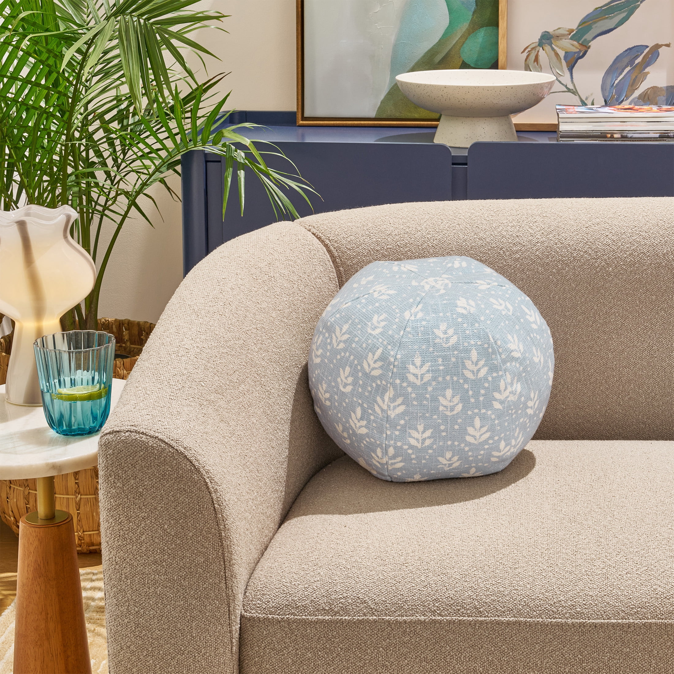 Beautiful 11" Hydrangea Block Print Round Decorative Pillow by Drew Barrymore