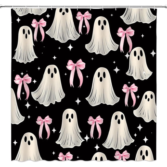 Spooky Cute Ghost Shower Curtain Pink Bows Halloween Bathroom Decor Waterproof Fabric Bath Curtain 71x71 Inches
