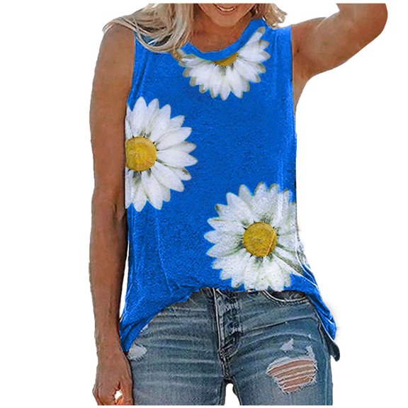 Summer Womens Sleeveless Tank Tops Loose Fit Fashion Daisy Graphic Tees Shirt Casual Crew Neck Workout Plus Size Blouses