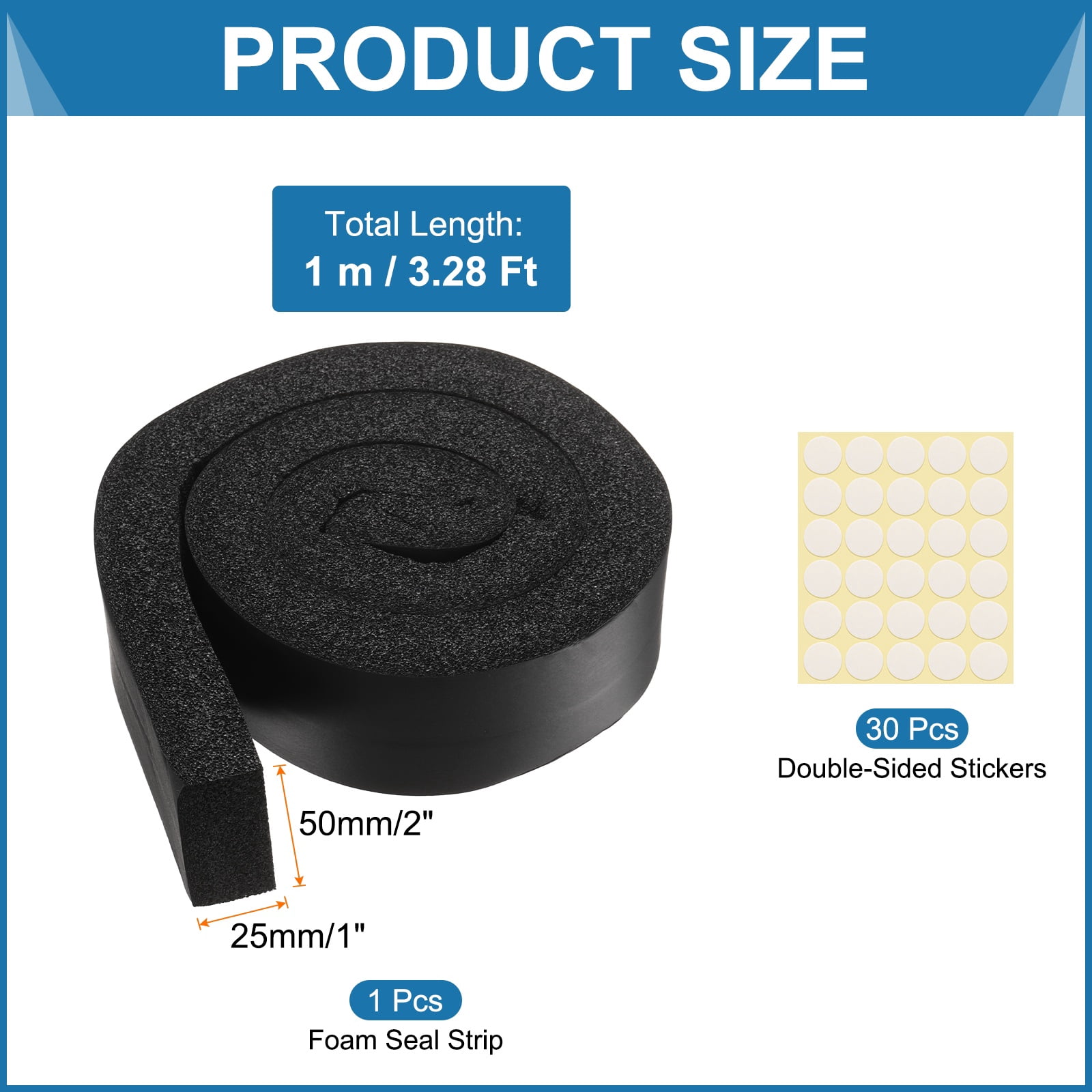1 Set 3.28ft Foam Seal Strip, 1 Inch Width x 2 Inch Thick Weather Stripping Foam Insulation Tape, High Density Air Conditioner Open Cell Foam Seal Tape for Doors, Windows, Black